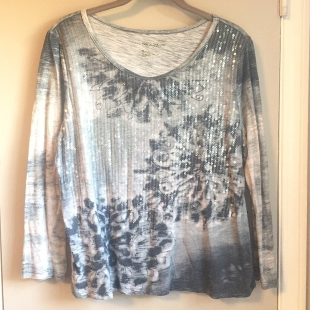 Style & Co Grey Festive Women’s Long Sleeve Top With Sequins - Large Petite